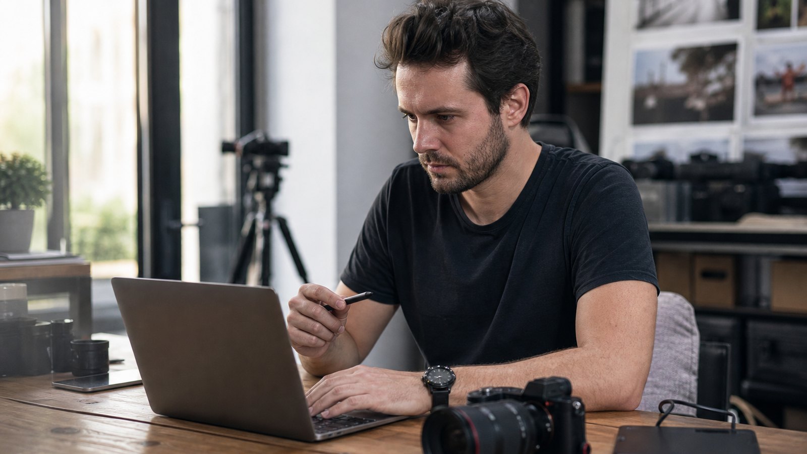 Un photographe traite les images d'une prestation